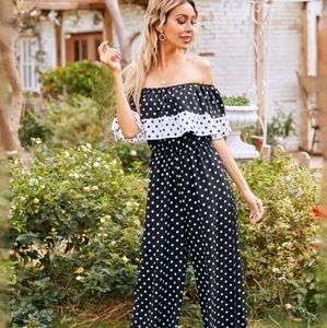 SOLD✅️Polka Dot Ruffle Trim Bardot Jumpsuit